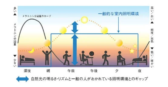メラトニン分泌量のカーブと自然光・室内照明のギャップの図