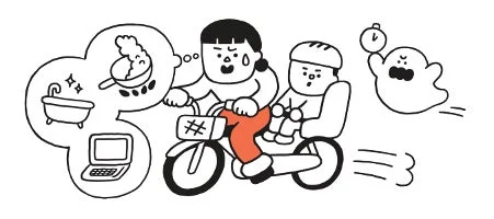自転車に乗る親子とタスクに追われる女性のイラスト
