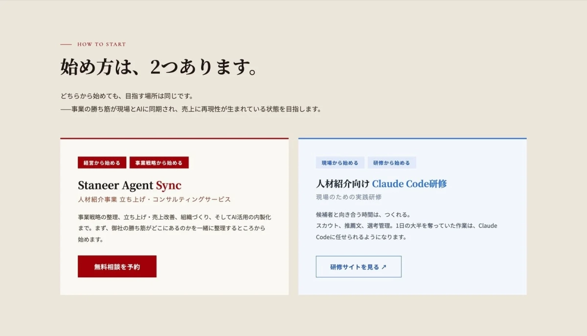 経営から始めるStaneer Agent Syncと現場から始めるClaude Code研修の2つのアプローチを示す図