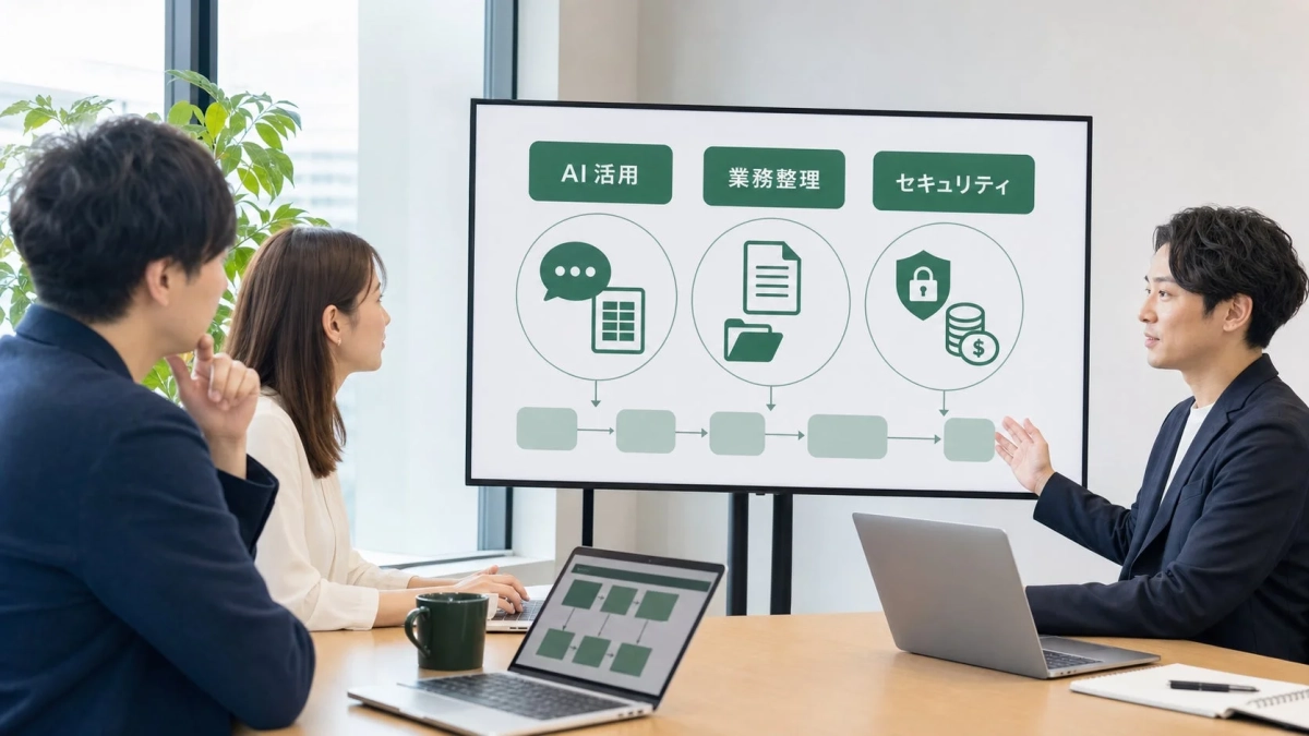 オフィスでAI活用についてプレゼンテーションを行うビジネスパーソン