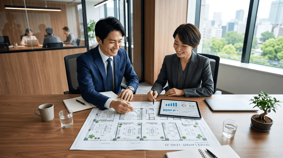 ビジネス、会議、オフィス、日本人、共同作業、設計図、タブレット、データ分析、ミーティング、プロフェッショナル