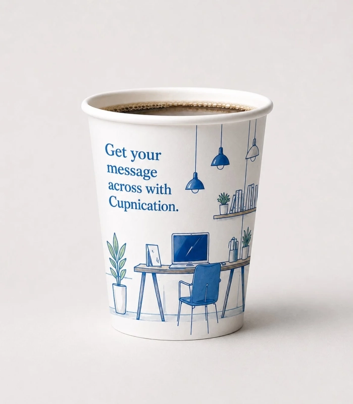 Cupnicationの紙コップとオフィス機器のイラスト