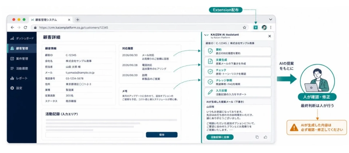 CRMシステムに導入されたKAIZEN AI Assistantの操作画面