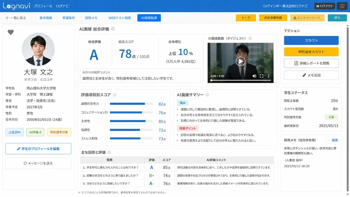 Lognaviの画面イメージ(今後提供予定の機能を含みます):企業から見た各学生のAI面接の評価レポート