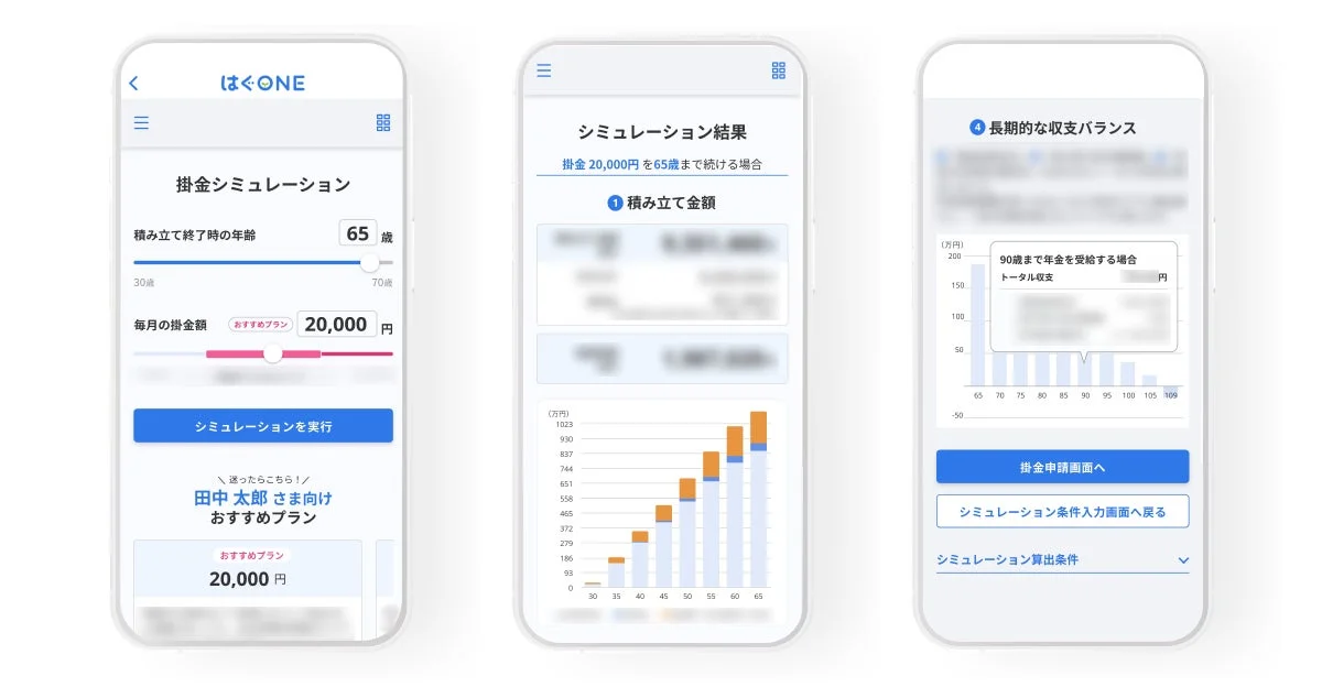 はくONE 掛金シミュレーション 積立て終了時の年齢 65 歳 30歳 70歳 毎月の掛金額 おすすめプラン 20,000 円 シミュレーションを実行 送ったらこちら! 田中 太郎 さま向け おすすめプラン 20,000 円 シミュレーション結果 掛金 20,000円を65歳まで続ける場合 積立て金額 (万円) 1023 930 837 744 651 558 465 372 279 186 93 0 30 35 40 45 50 55 60 65 長期的な収支バランス (万円) 200 150 100 50 0 -50 65 70 75 80 85 90 95 100 105 109 90歳まで年金を受給する場合 トータル収支 円 掛金申請画面へ シミュレーション条件入力画面へ戻る シミュレーション算出条件