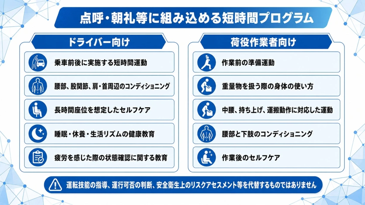 点呼・朝礼等に組み込める短時間プログラム ドライバー向け 乗車前後に実施する短時間運動 腰部、股関節、肩・首周辺のコンディショニング 長時間座位を想定したセルフケア 睡眠・休養・生活リズムの健康教育 疲労を感じた際の状態確認に関する教育 荷役作業者向け 作業前の準備運動 重量物を扱う際の身体の使い方 中腰、持ち上げ、運搬動作に対応した運動 腰部と下肢のコンディショニング 作業後のセルフケア 運転技能の指導、運行可否の判断、安全衛生上のリスクアセスメント等を代替するものではありません