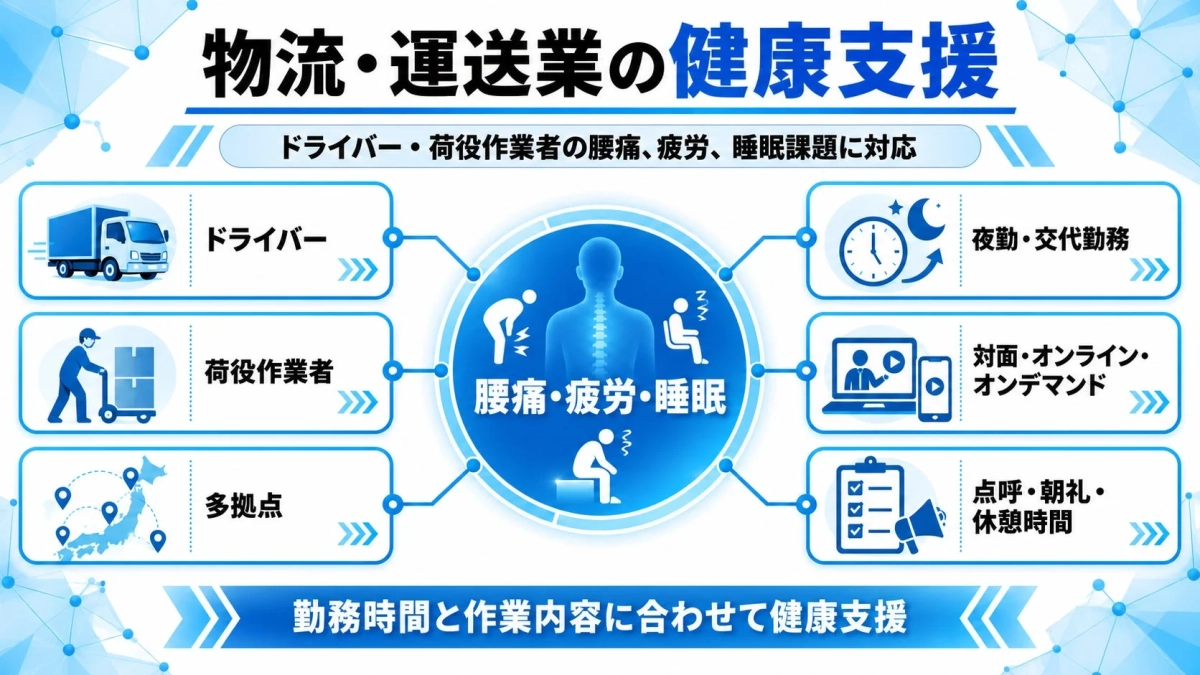 物流・運送業の健康支援 ドライバー・荷役作業者の腰痛、疲労、睡眠課題に対応 ドライバー 荷役作業者 多拠点 腰痛・疲労・睡眠 夜勤・交代勤務 対面・オンライン・オンデマンド 点呼・朝礼・休憩時間 勤務時間と作業内容に合わせて健康支援