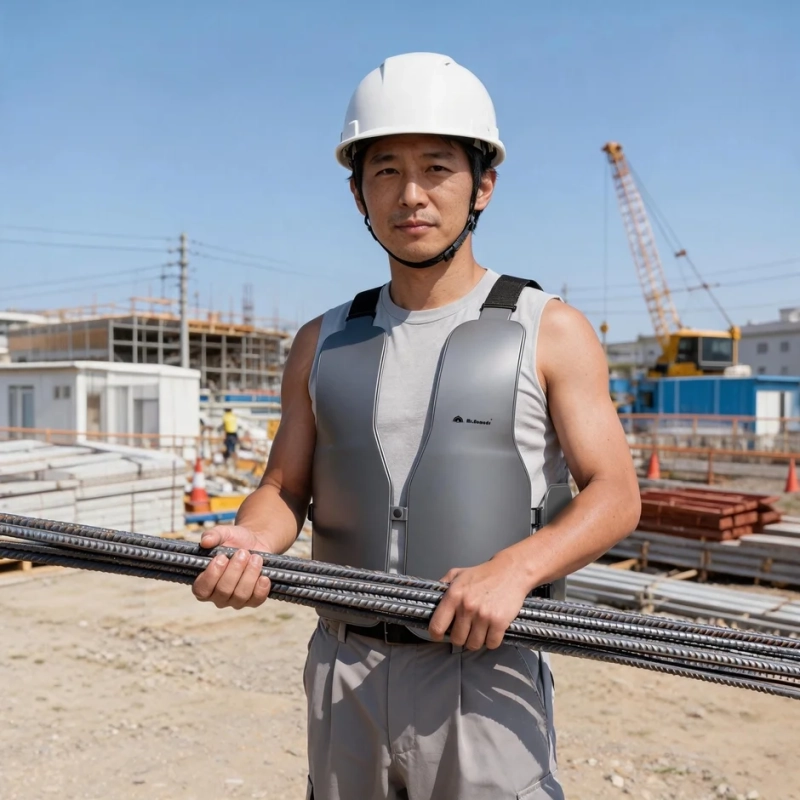 建設現場でヘルメットと冷却ベストを着用した男性が鉄筋を抱えています。暑い日の屋外作業風景で、安全対策と快適性を両立させている様子が伺えます。