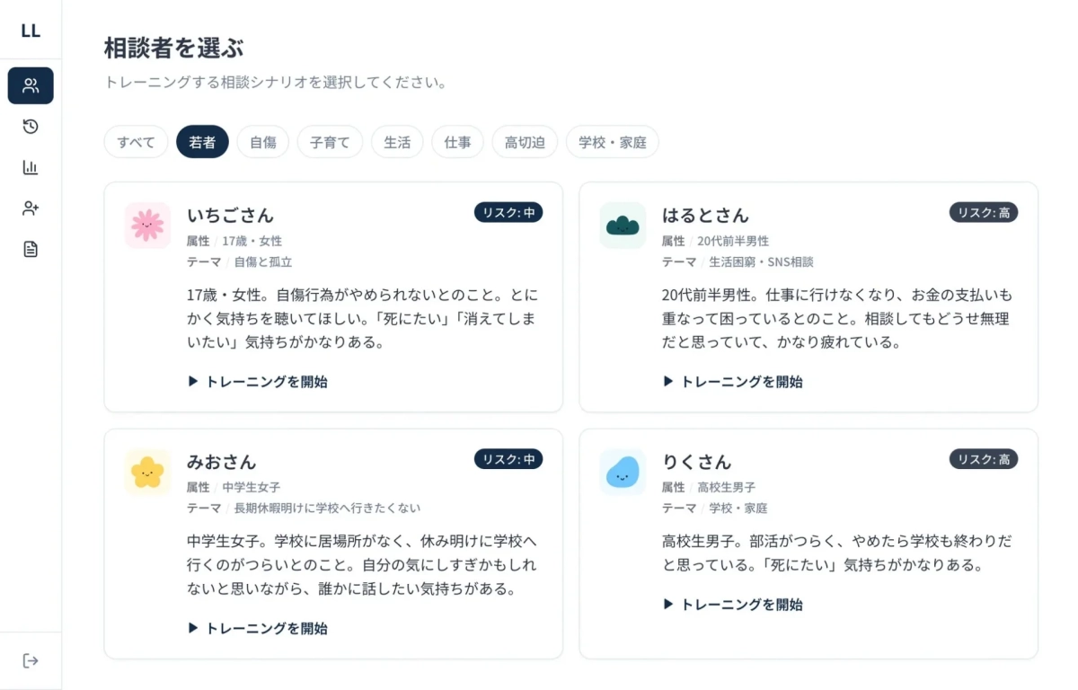 相談者を選ぶトレーニングシナリオ選択画面