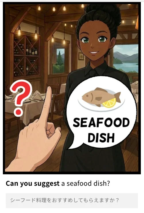 レストランで、客がウェイトレスにシーフード料理のおすすめを尋ねているアニメスタイルのイラストです。ウェイトレスの吹き出しには魚のイラストと「SEAFOOD DISH」の文字があります。