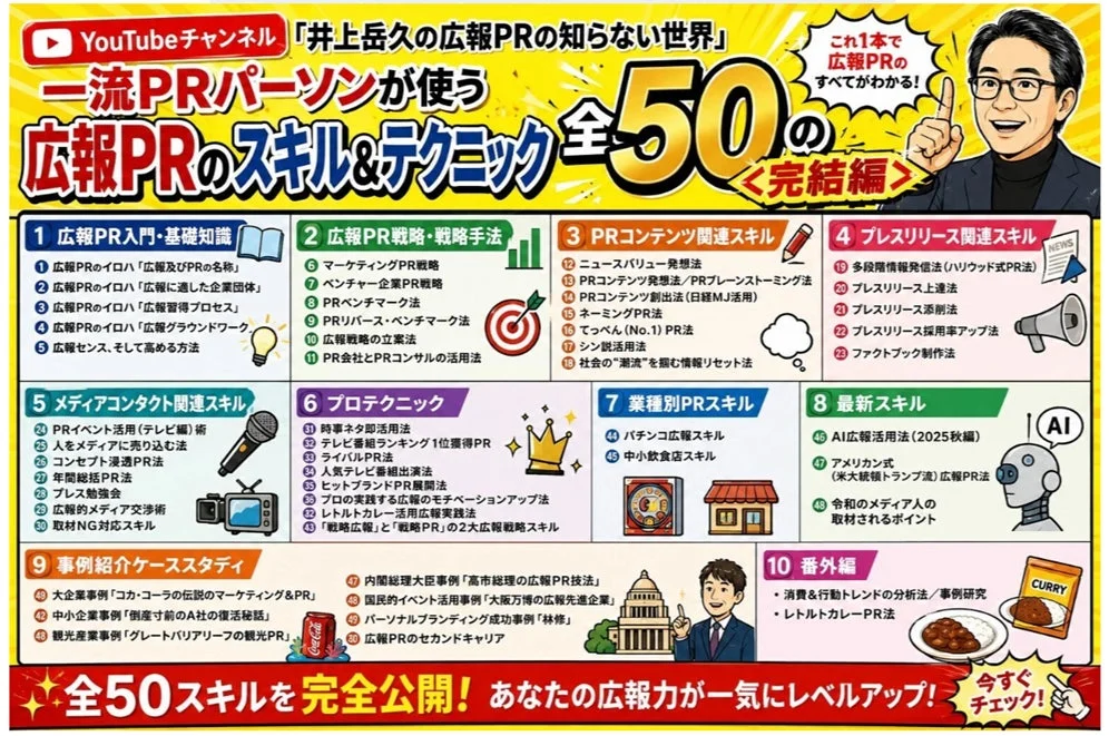 YouTubeチャンネル「井上岳久の広報PRの知らない世界」一流PRパーソンが使う広報PRのスキル&テクニック全50の完結編