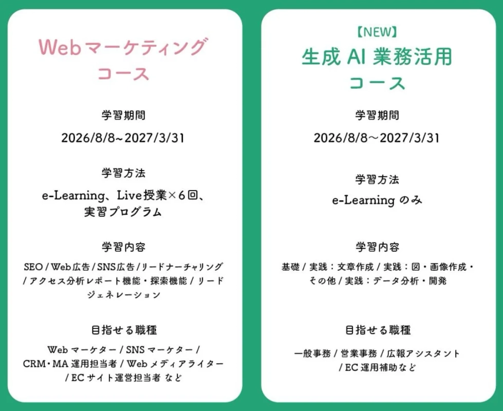 Webマーケティングコースと生成AI業務活用コースの学習内容と職種