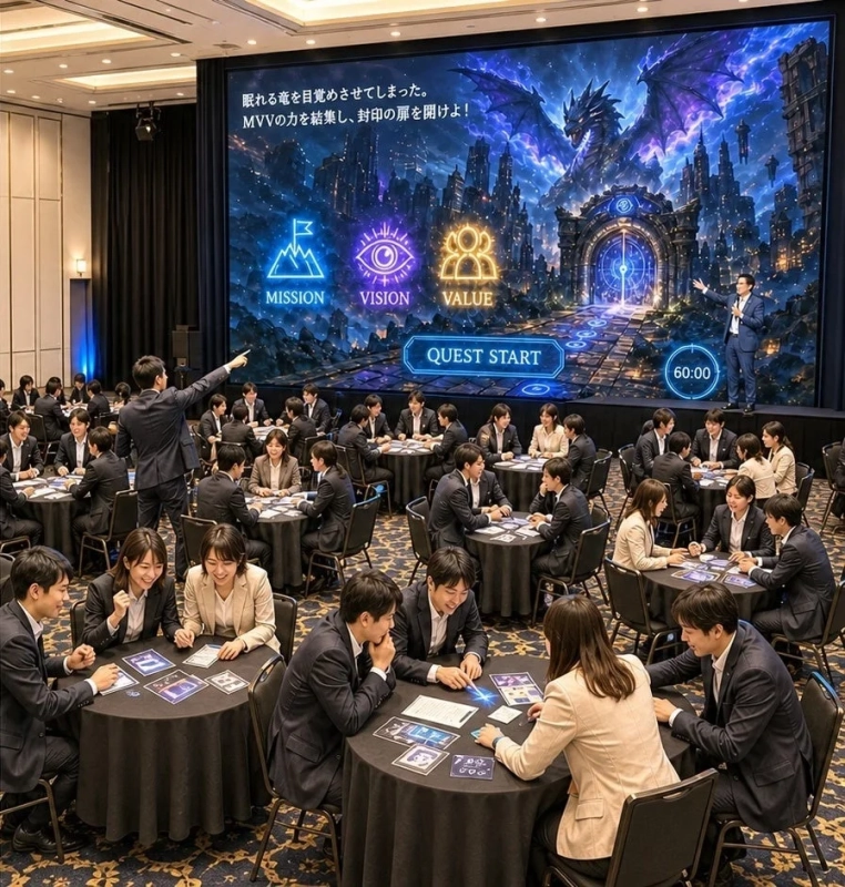 大規模な企業研修またはチームビルディングイベントの様子。参加者たちは円卓でボードゲームのようなグループ活動に興じ、巨大スクリーンにはファンタジー調のグラフィックと「MISSION」「VISION」「VALUE」の文字が映し出されている。講師がステージで説明している。