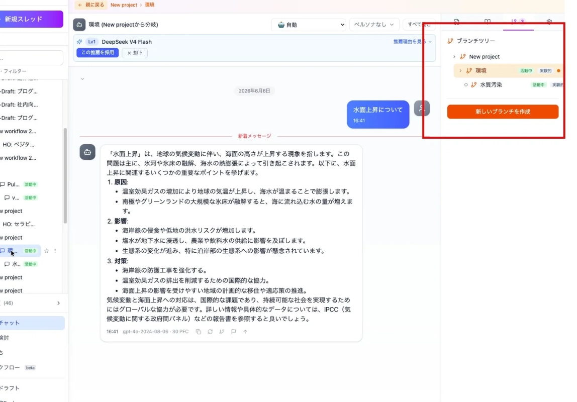 水面上昇をテーマにしたAIチャット画面、ブランチツリー表示