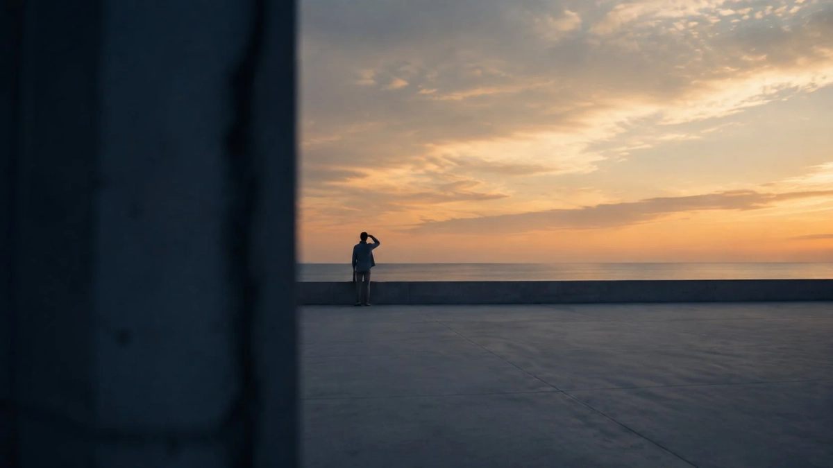 夕焼けの海を眺める人物の後ろ姿