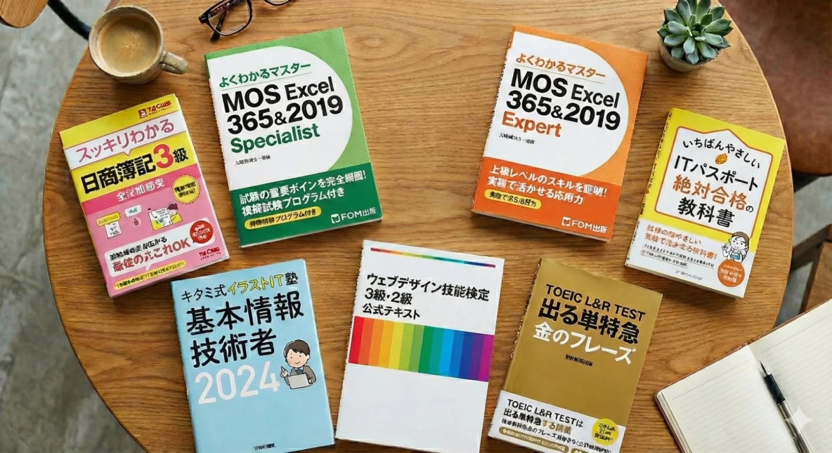 資格試験対策本が並ぶテーブル